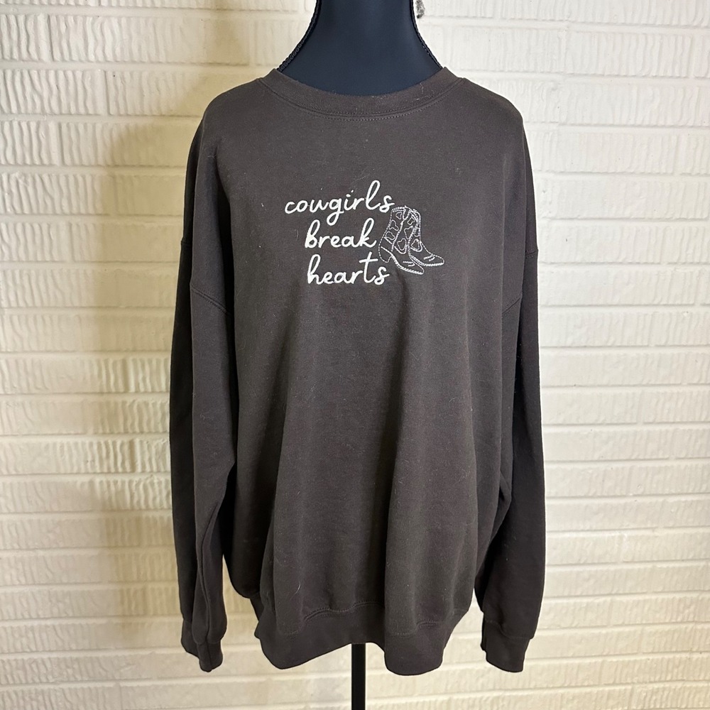 Cowgirls Break Hearts Brown Crewneck Sweatshirt Sz Large Western Boho Loungewear